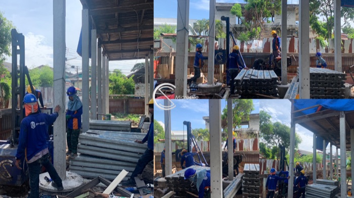 หน้างานจริง เคส #2 งานราชการ — ทีม CS Micropile ตอกเสาเข็มในพื้นที่จำกัดใต้โครงหลังคา